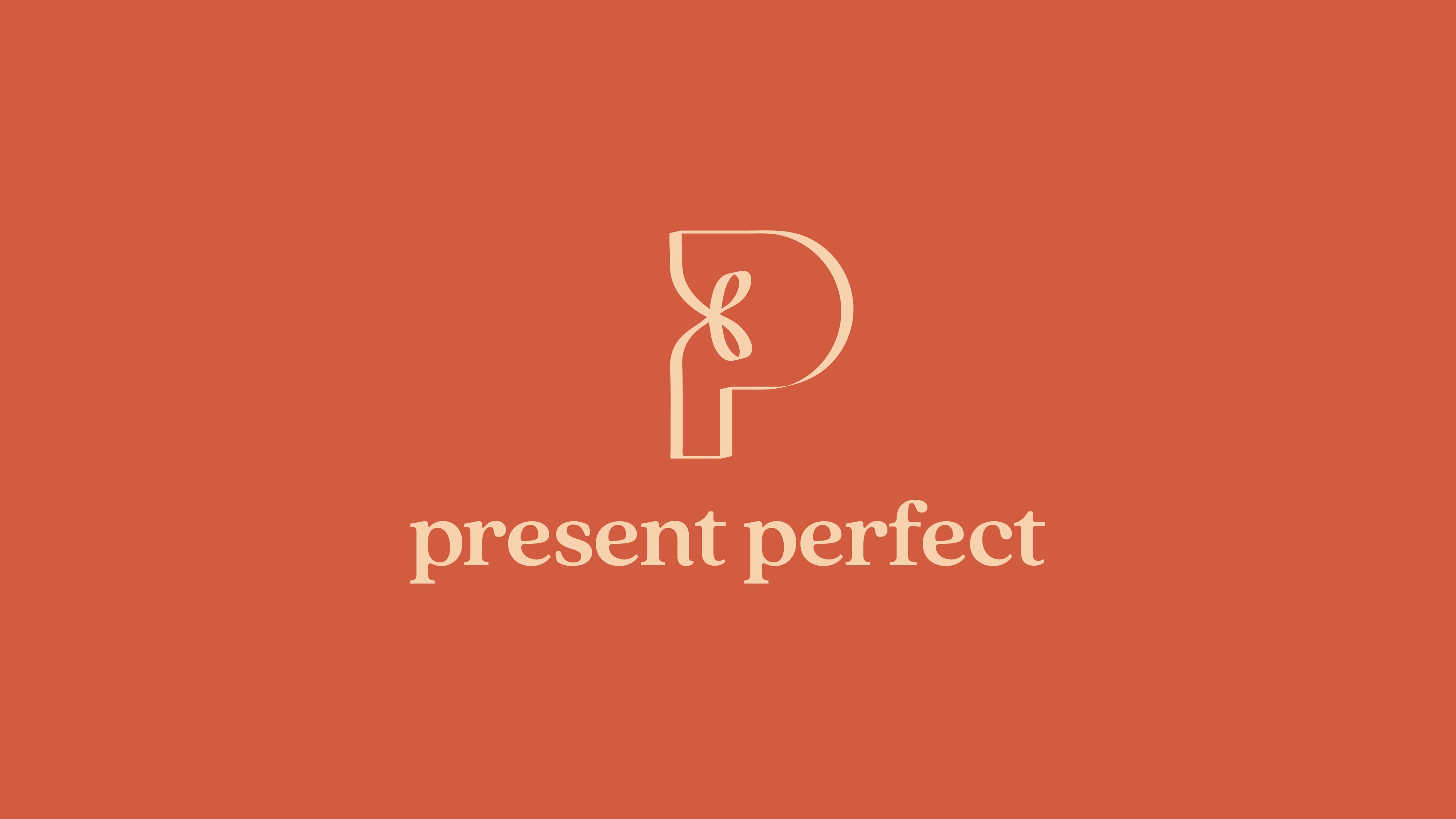 The Present Perfect logo: a ribbon-shaped P above the 'present perfect' wordmark, on terracotta
